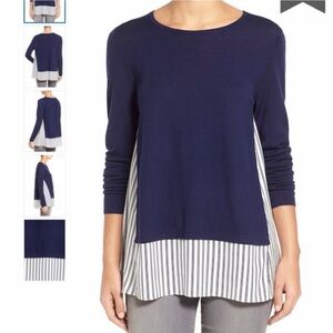 Nordstrom Collection Navy Blue Layered Silk Mixed Media Sweater Size Medium